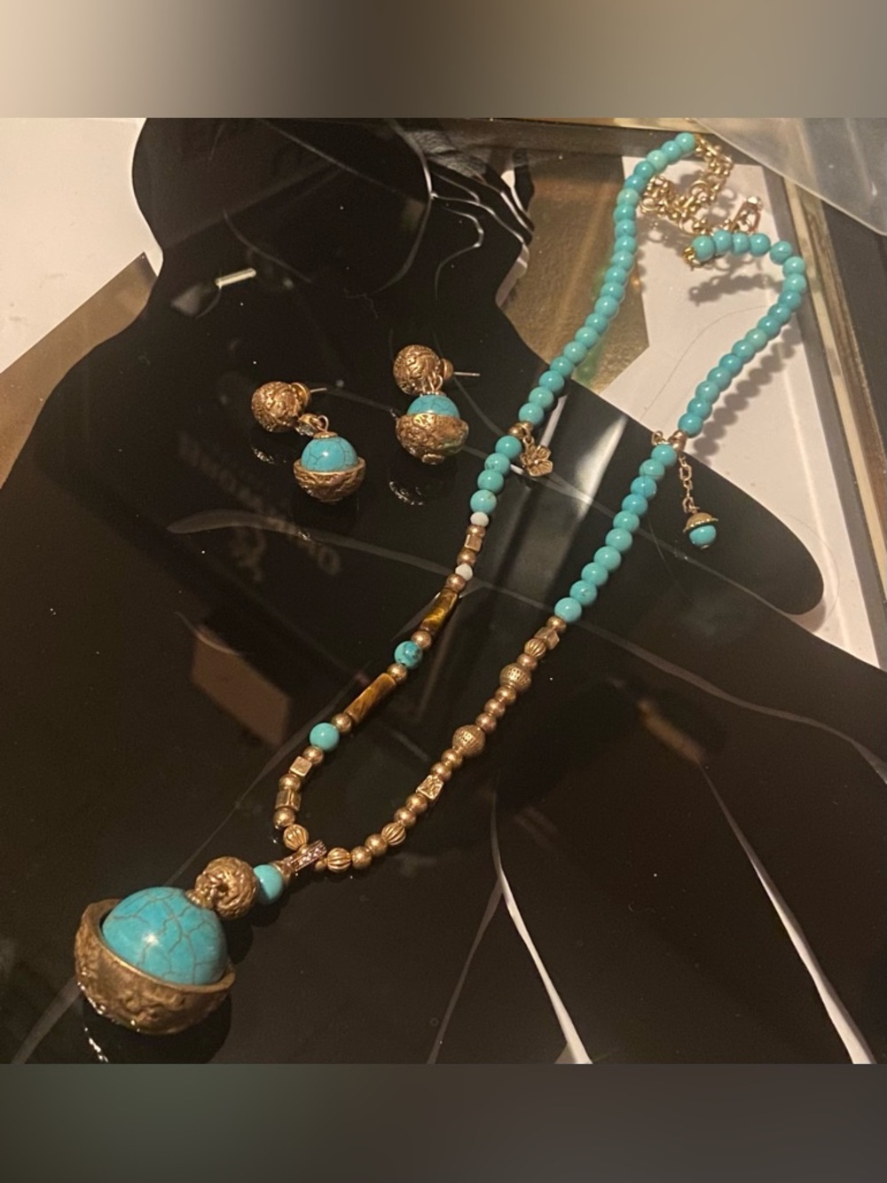 Vintage Turquoise Bead and Antique Gold Pendant Necklace with Matching Earrings